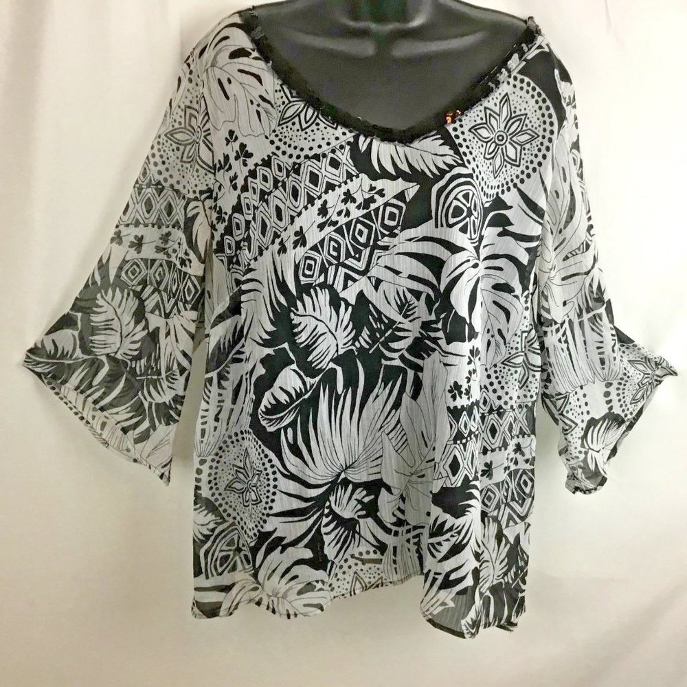 SARAH MICHELLE Black Gray Lined Blouse Sequined V-Neck 3/4 Trumpet Sleeve 2X GUC